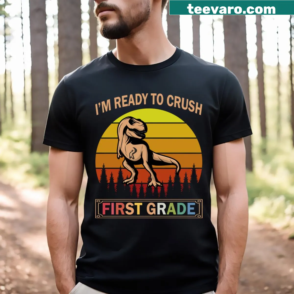 Fun T-shirt featuring a dinosaur for first graders starting school. — on a men's t-shirt