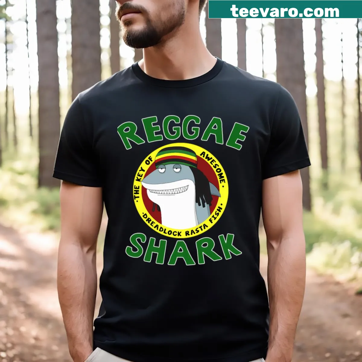 Cartoon reggae shark T-shirt for playful dog-lovers — on a men's t-shirt