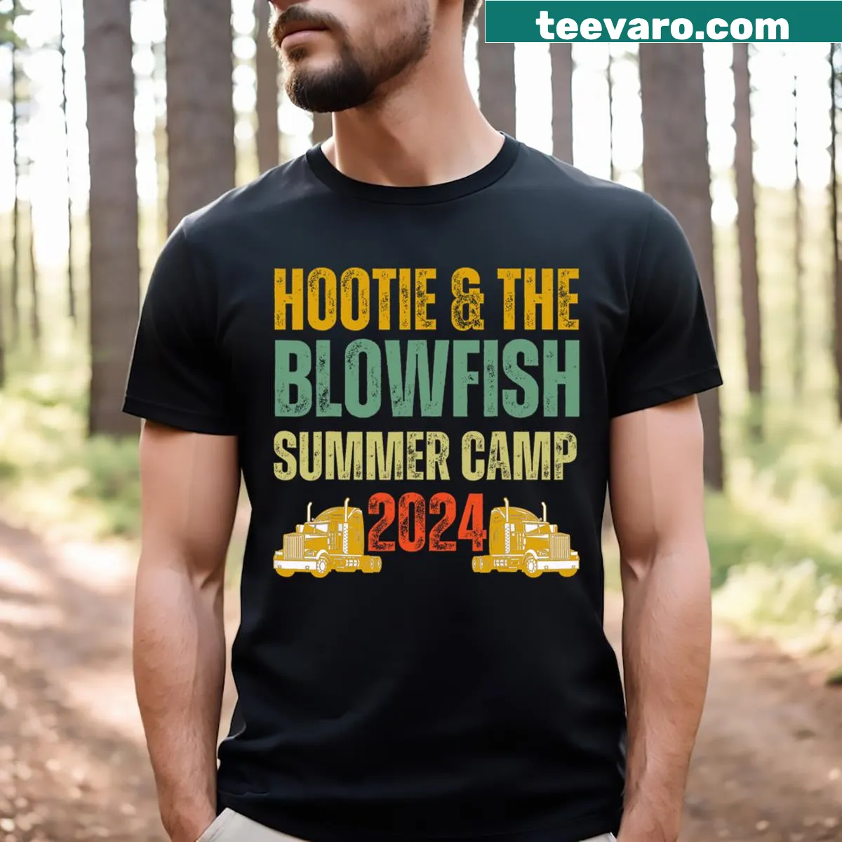 Vintage Hootie and the Blowfish t-shirt with summer camp and truck design — on a men's t-shirt