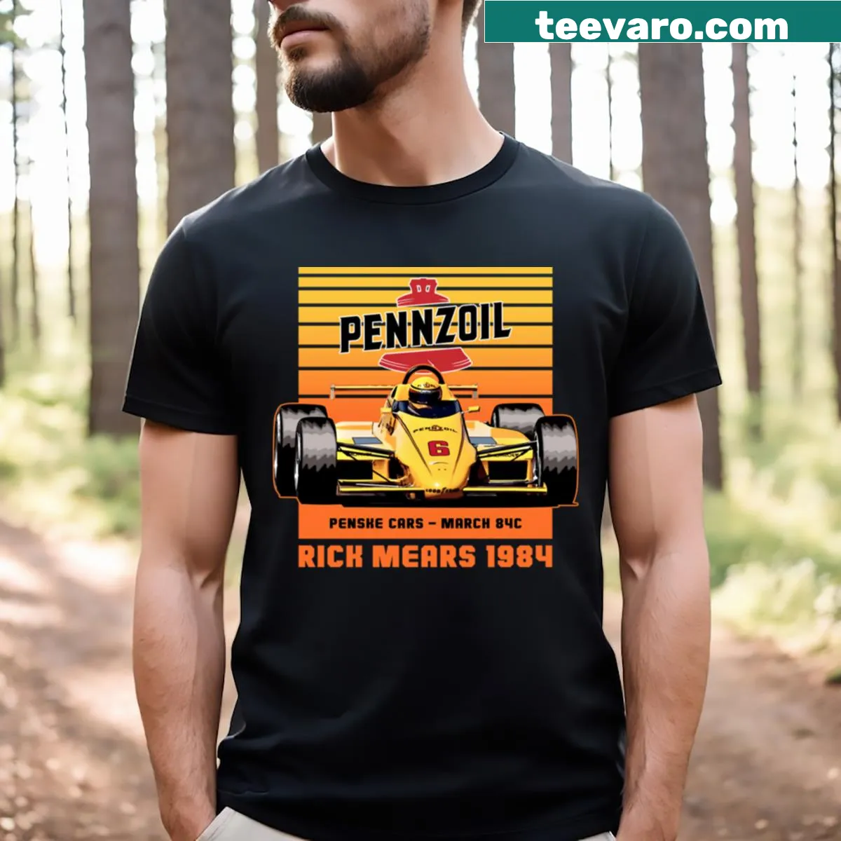 Retro t-shirt featuring racing legend Rick Mears from 1984 — on a men's t-shirt