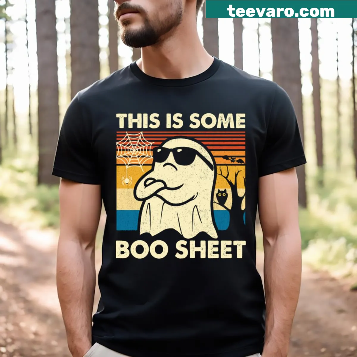 Retro-themed shirt with the phrase 'This Is Some Boo Sheet' and a ghost graphic. — on a men's t-shirt