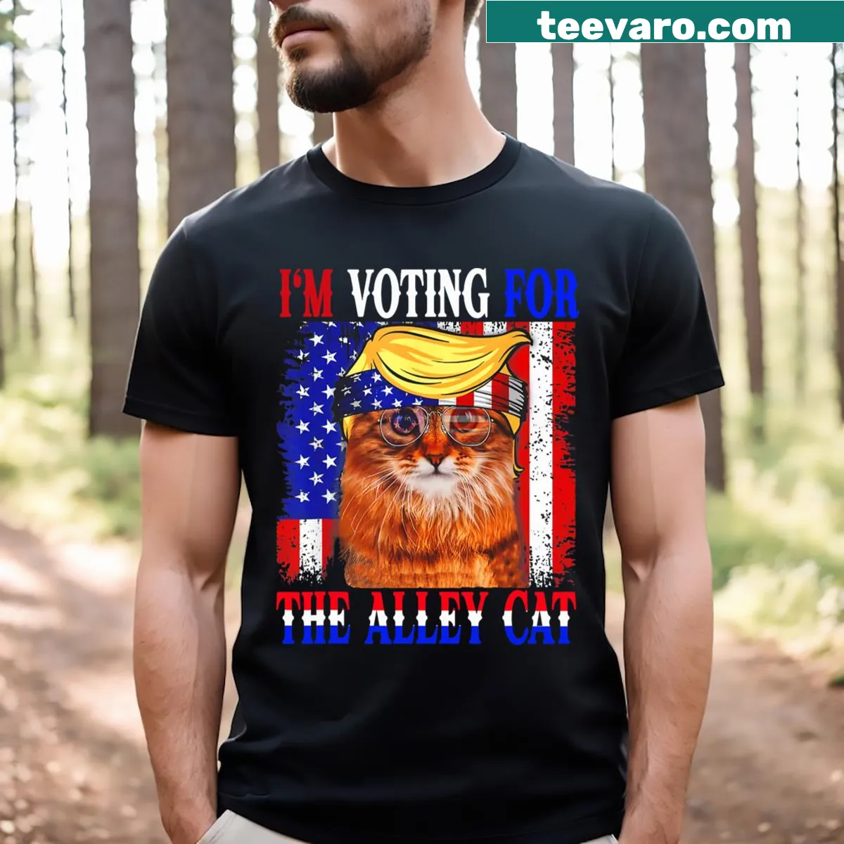 Political t-shirt with a humorous cat-themed design for Trump supporters — on a men's t-shirt