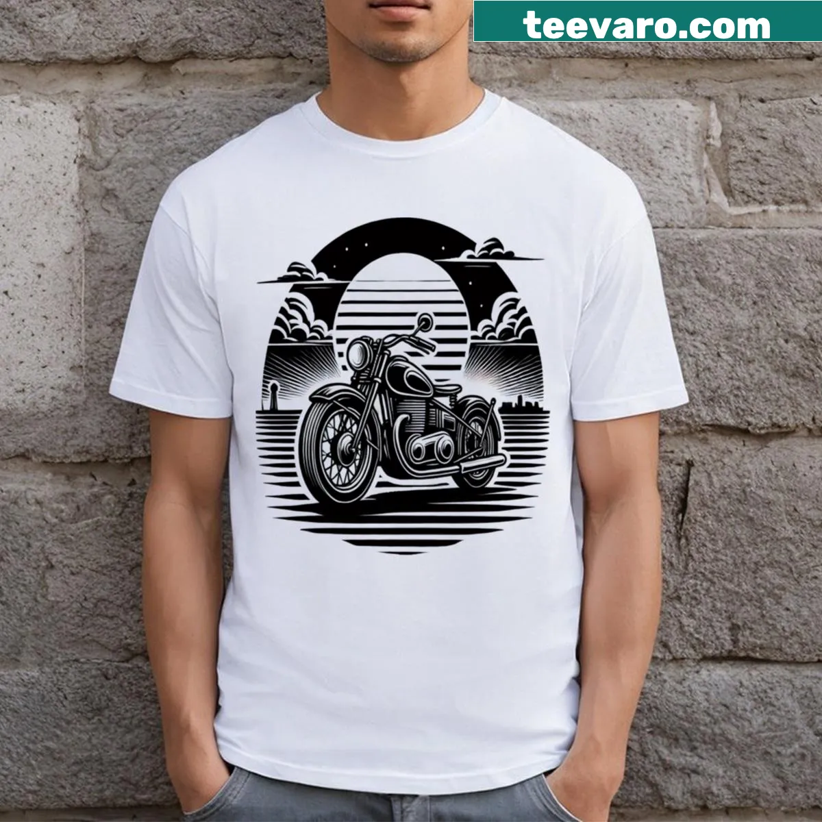 Vintage black and white motorcycle t-shirt with retro sunset graphic — on a men's t-shirt