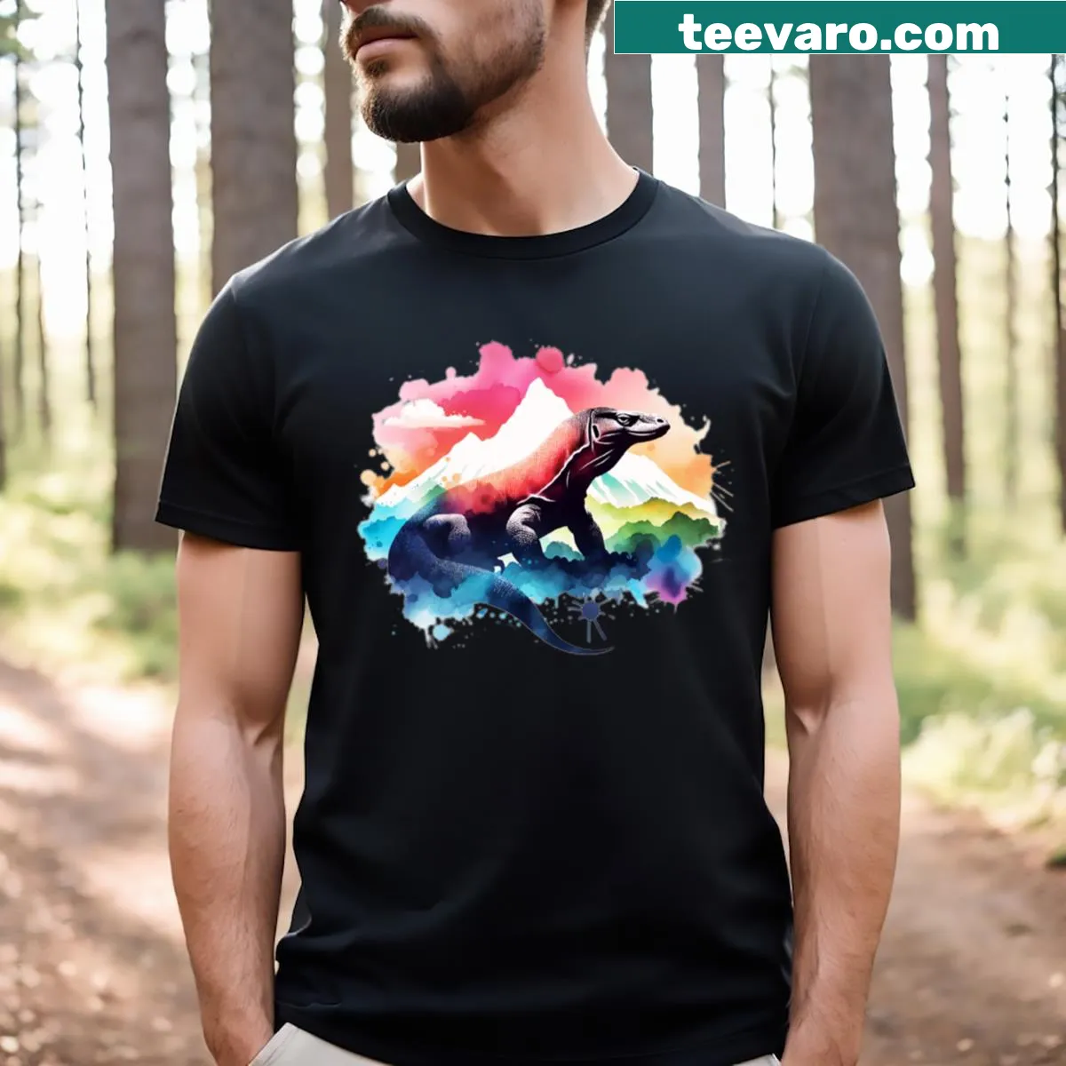 Watercolor T-shirt with Komodo dragon and mountain silhouette — on a men's t-shirt