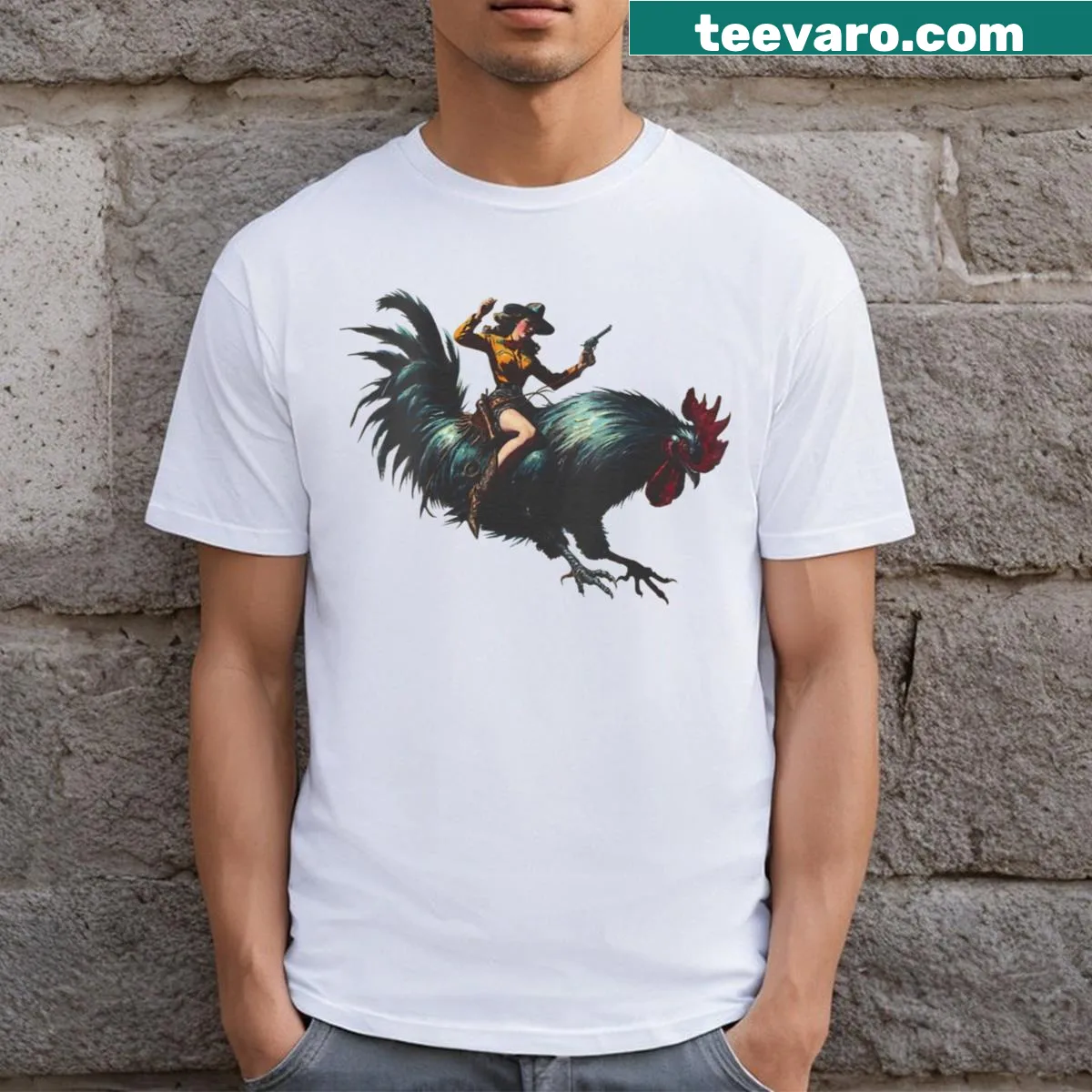 Whimsical cowgirl riding chicken graphic on a V-neck T-shirt. — on a men's t-shirt