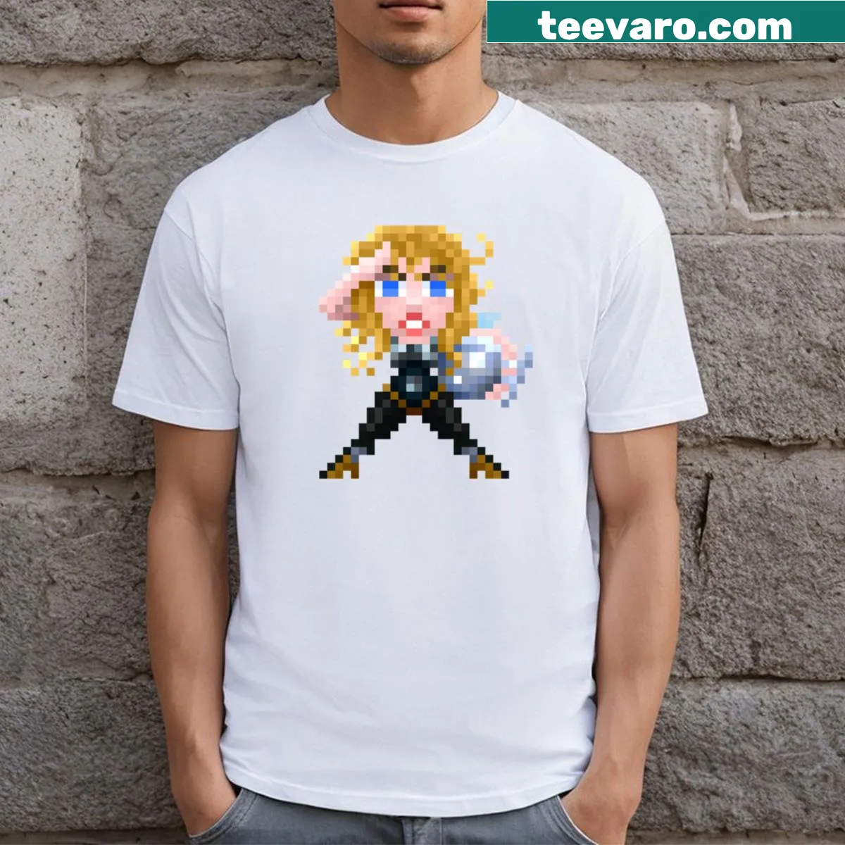 T-shirt with 16-bit space-themed heroine graphic — on a men's t-shirt