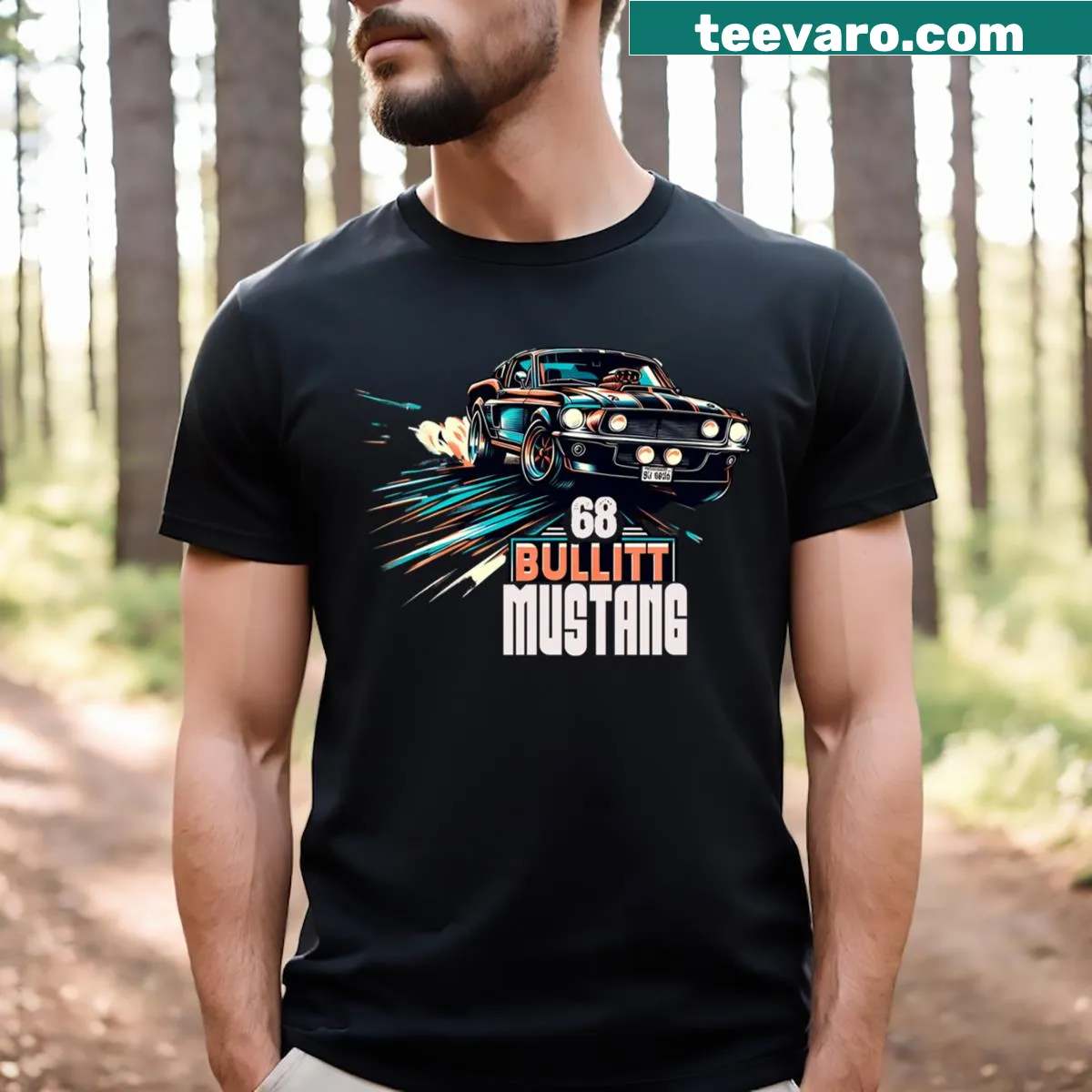 Vintage-style tee featuring a 1968 Bullitt Mustang graphic — on a men's t-shirt