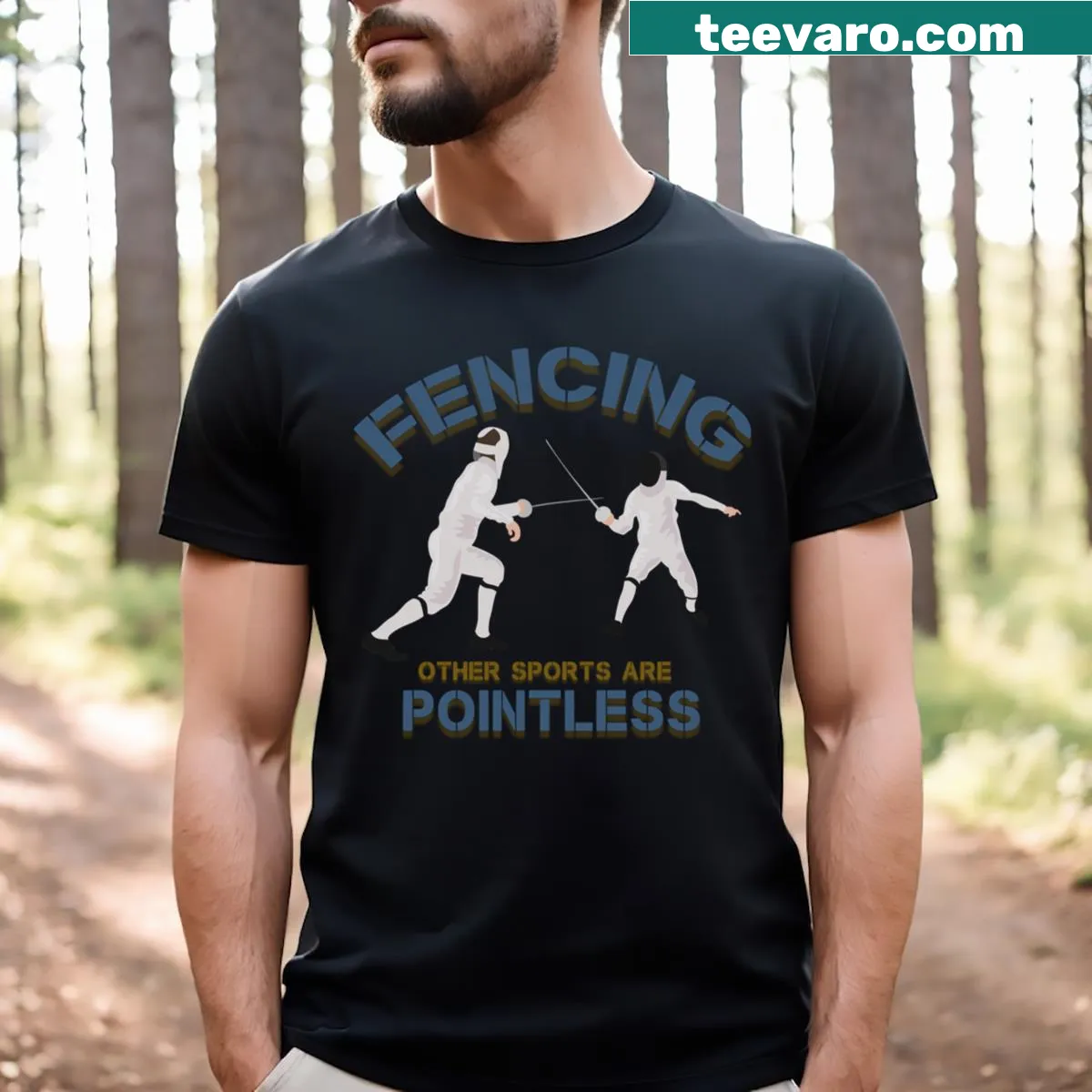 Funny fencing-themed typography t-shirt — on a men's t-shirt