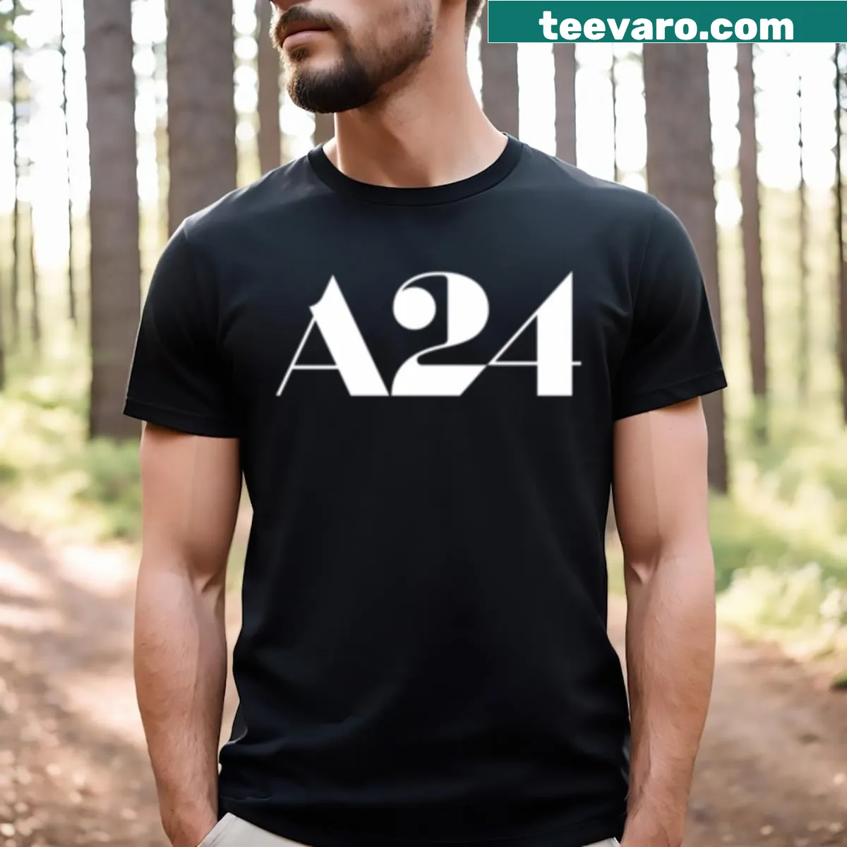 T-shirt with A24 logo in bold white letters — on a men's t-shirt