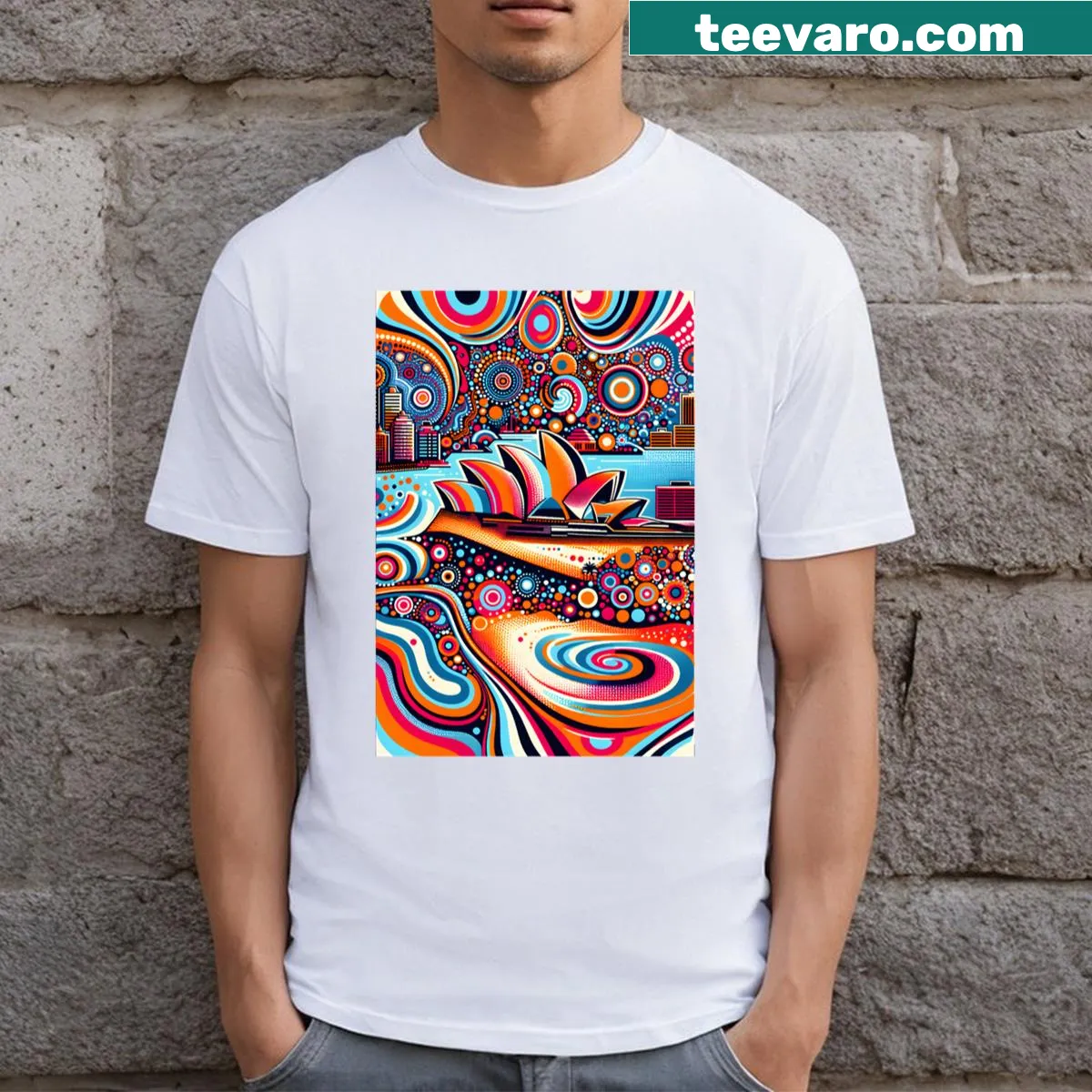 Artistic tee inspired by Aboriginal art and Sydney Opera House — on a men's t-shirt