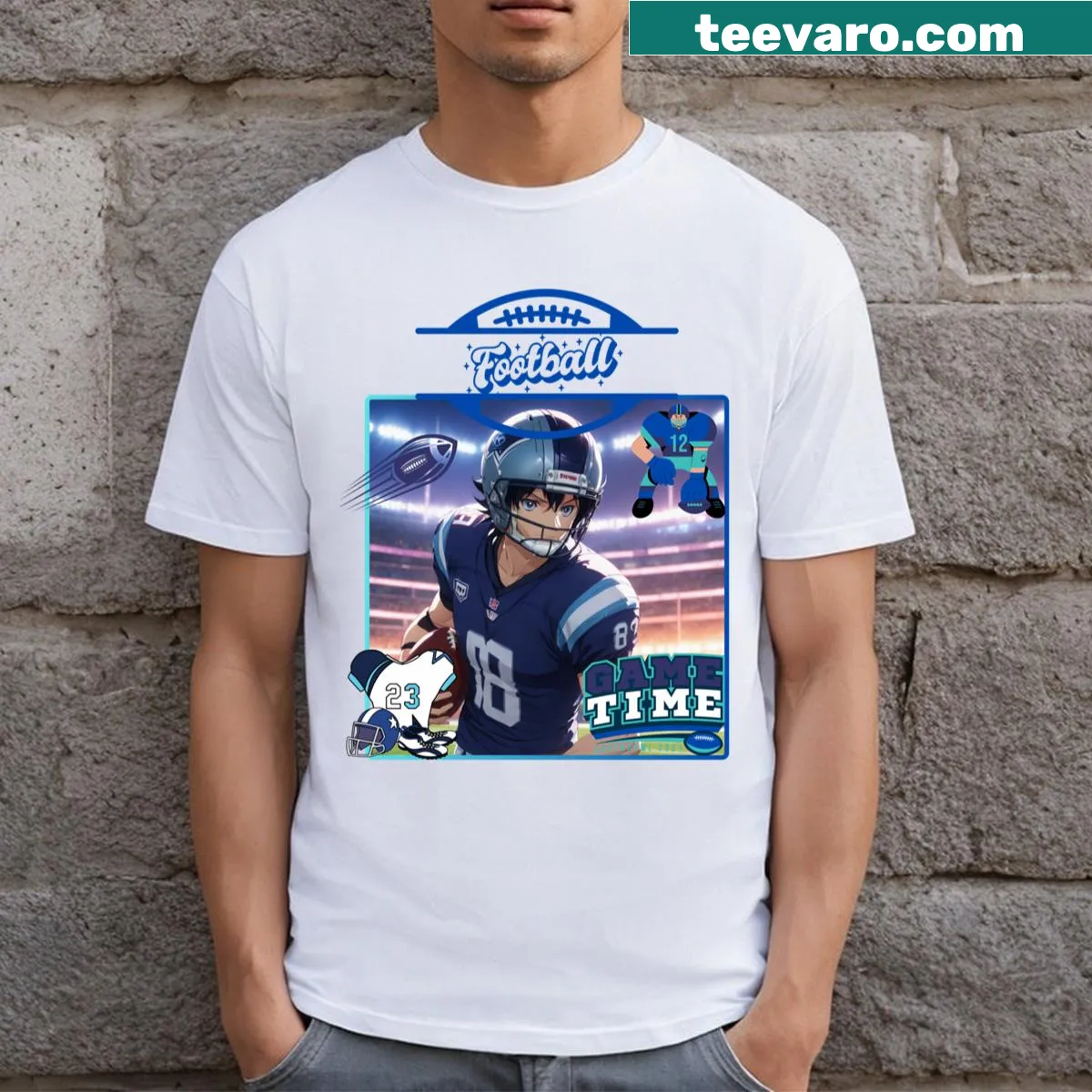 Anime boy illustration T-shirt themed around American football — on a men's t-shirt
