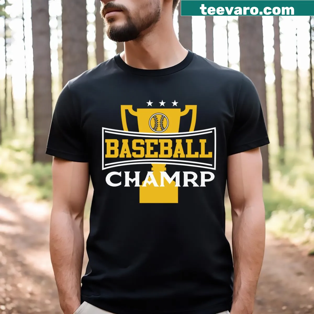 Baseball champ graphic with player celebrating and trophy — on a men's t-shirt