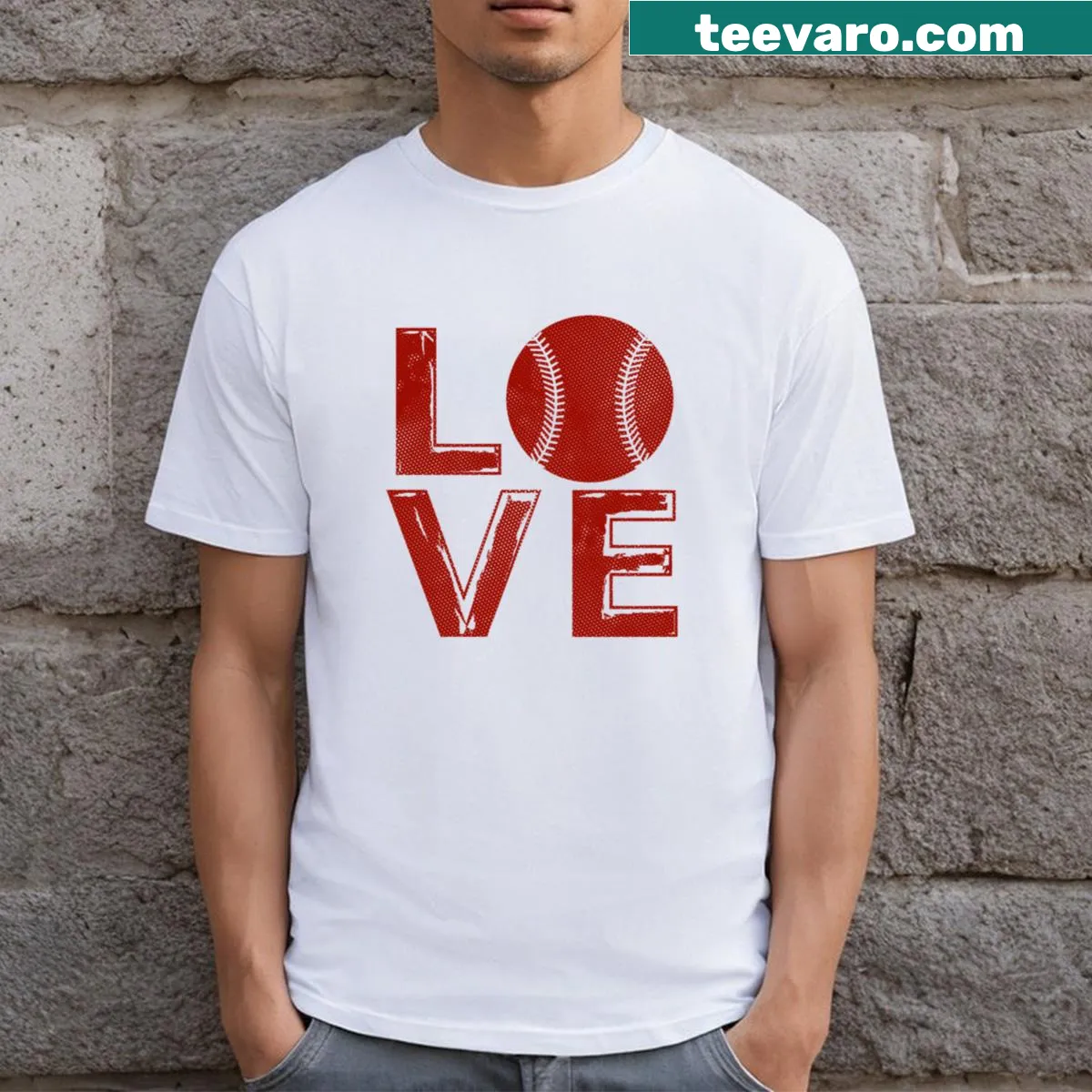 Heartwarming graphic of baseball surrounded by love — on a men's t-shirt