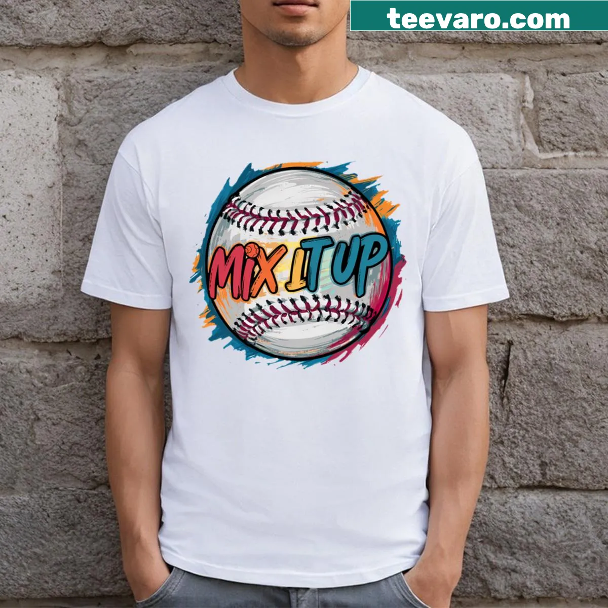 Playful T-shirt with 'Mix It Up' baseball theme — on a men's t-shirt