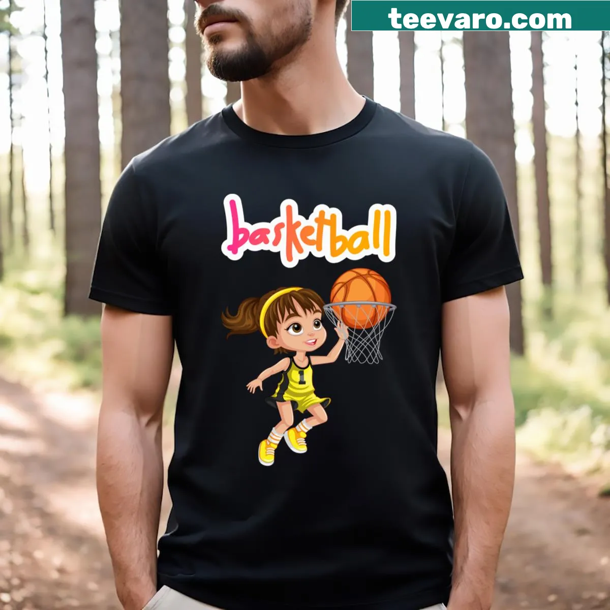 T-shirt featuring a girl playing basketball — on a men's t-shirt