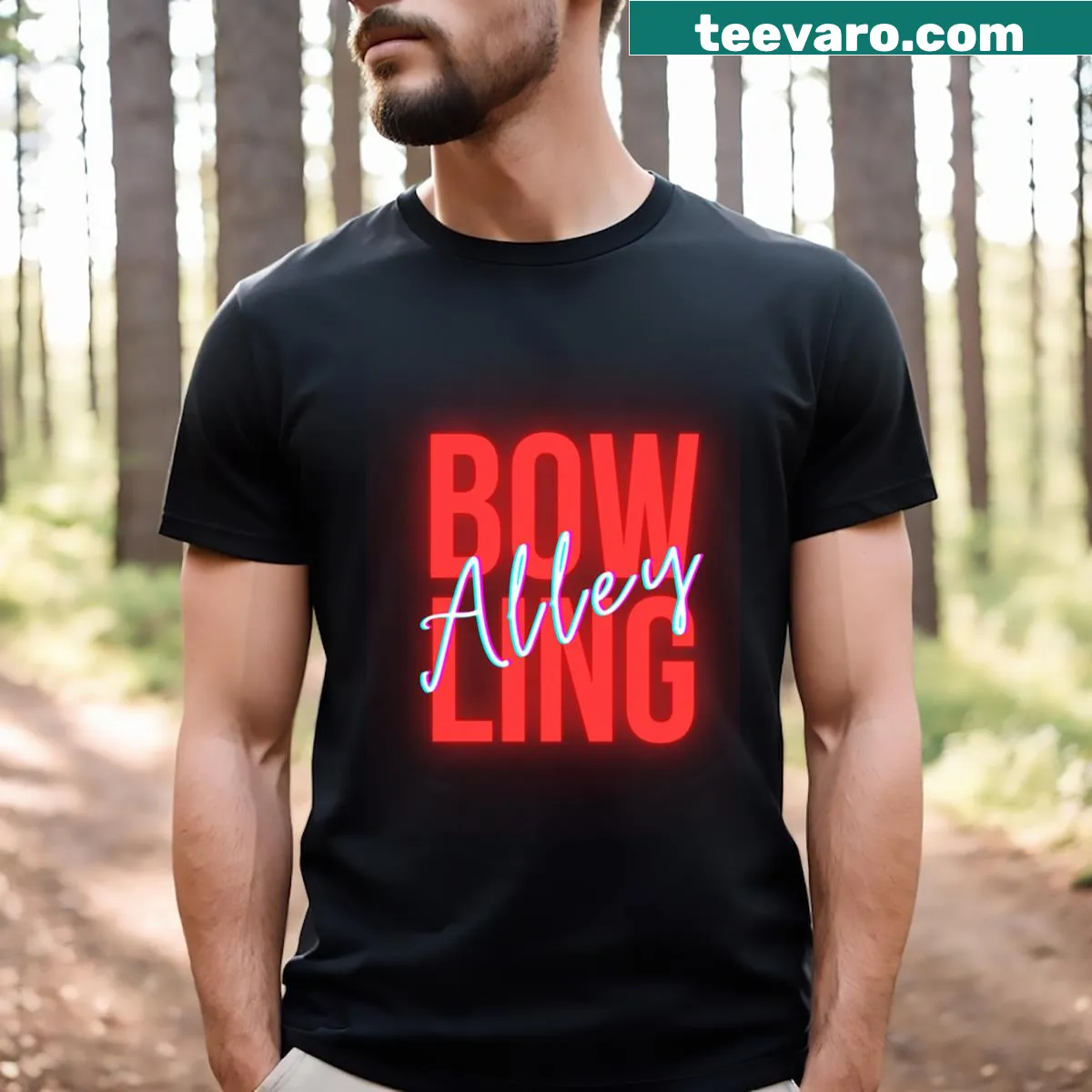 Playful bowling alley graphic on T-shirt — on a men's t-shirt