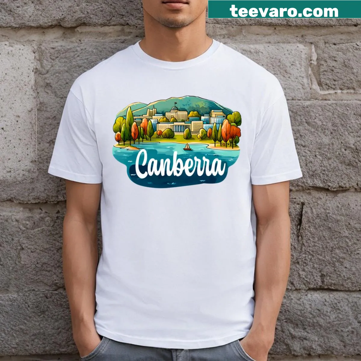 Graphic t-shirt featuring Canberra, Australia design — on a men's t-shirt