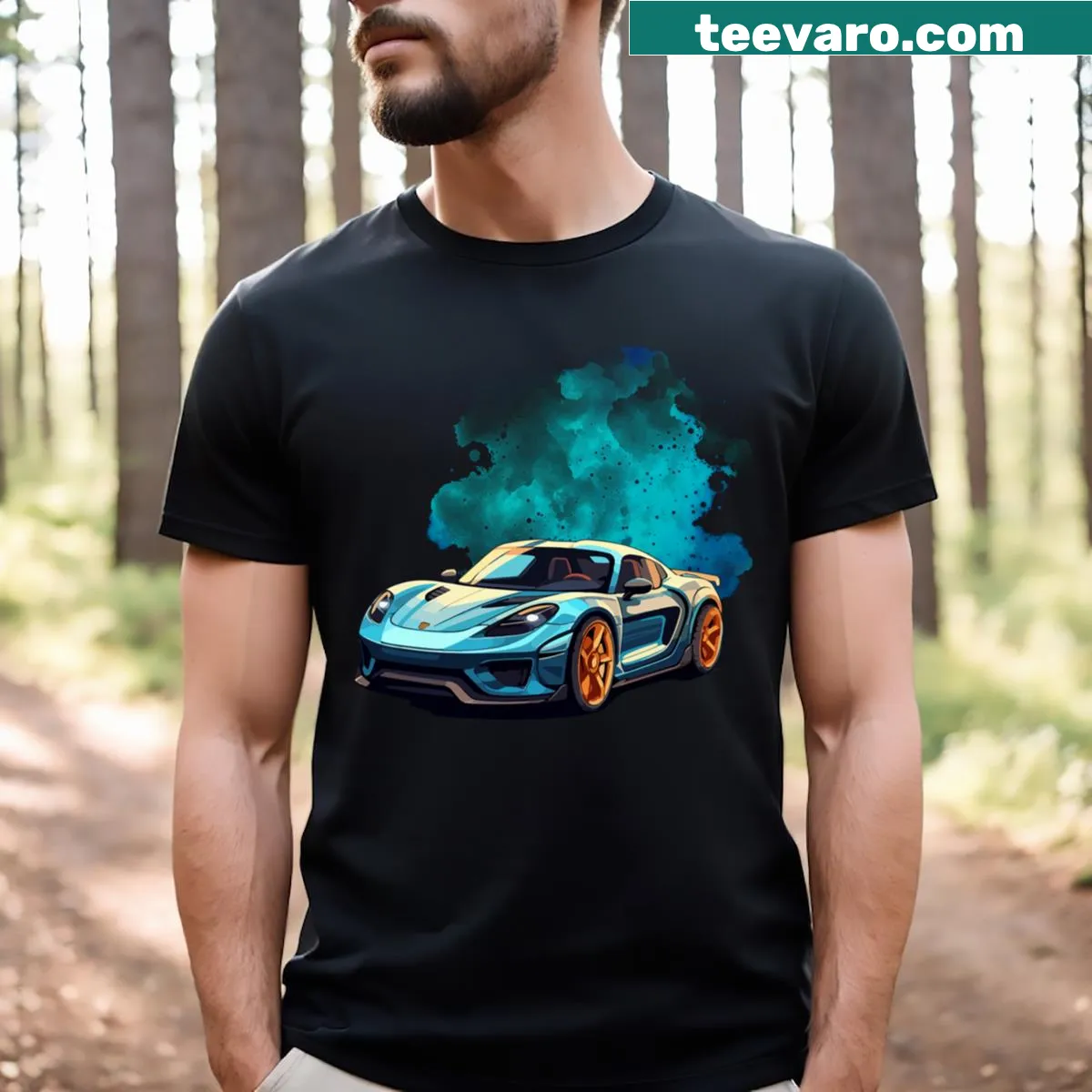Cartoon-style T-shirt featuring a classic blue car design. — on a men's t-shirt