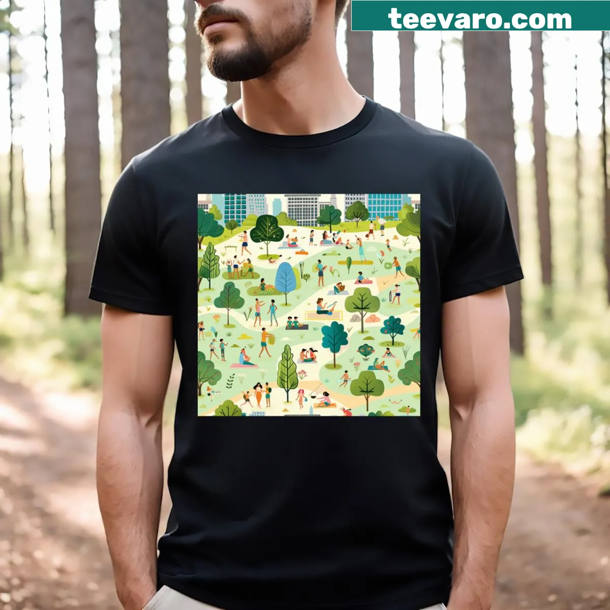 Illustrated T-shirt depicting a serene city park scene — on a men's t-shirt