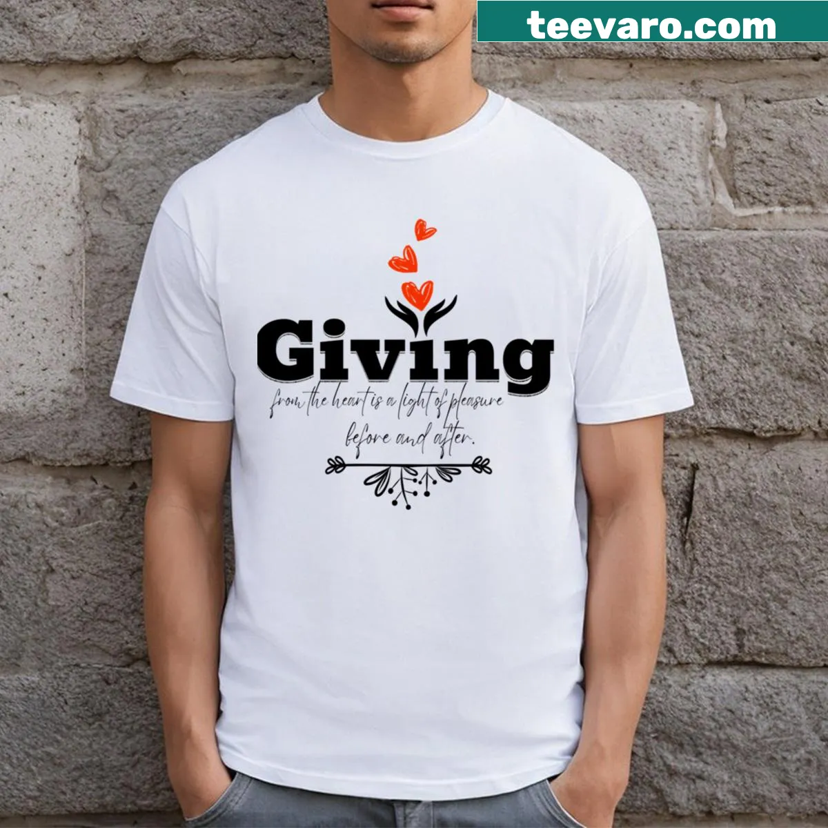 Minimalist abstract typography graphic t-shirt — on a men's t-shirt