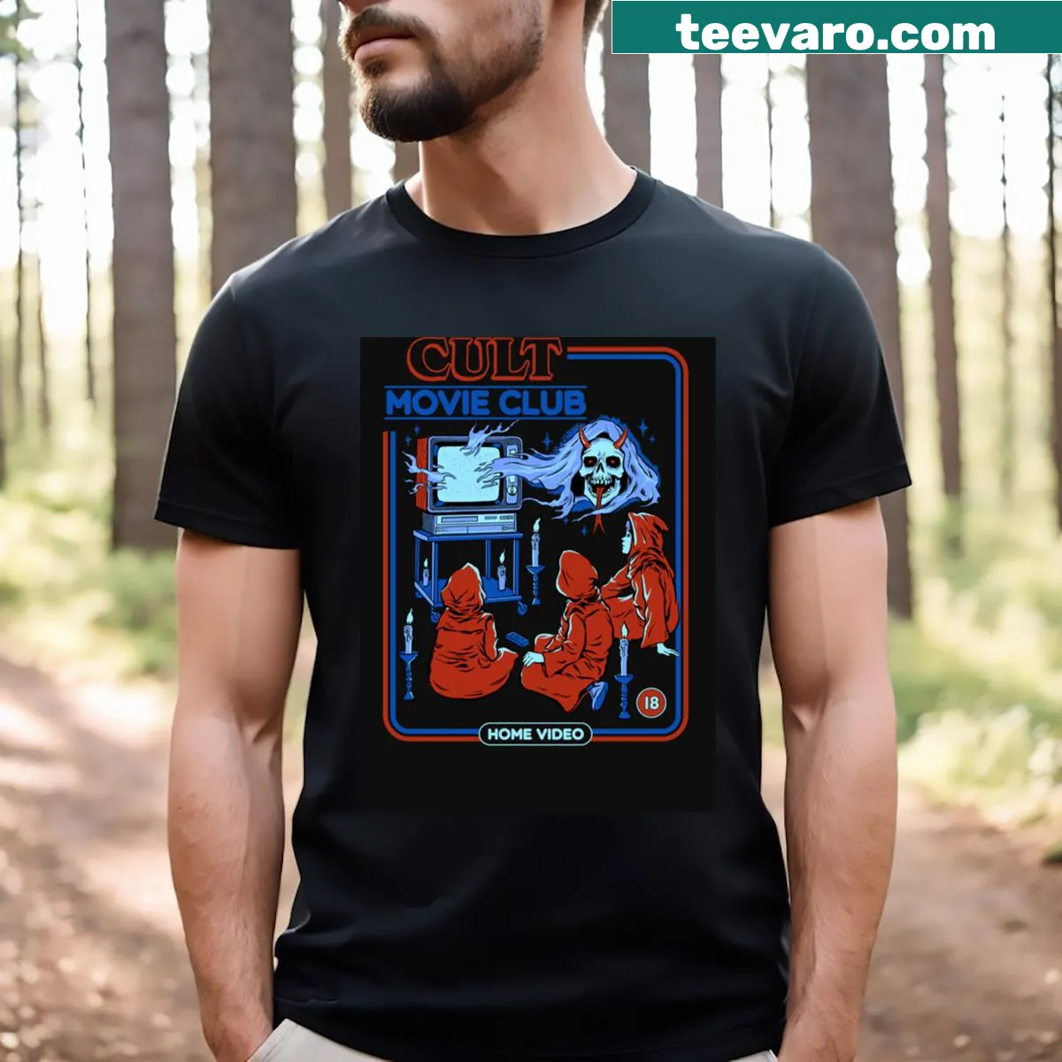 Vintage-inspired Cult Movie Club t-shirt celebrating cinema — on a men's t-shirt