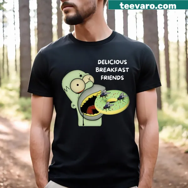 Cartoon breakfast characters enjoying a meal together on a kid's t-shirt
