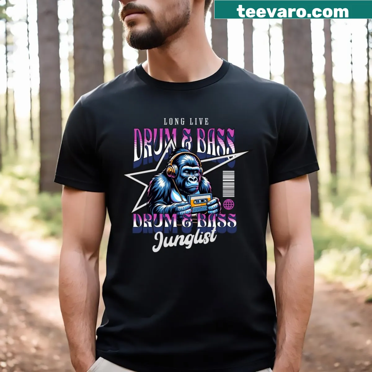 Illustrative T-shirt featuring a gorilla with a cassette tape in a fun design. — on a men's t-shirt
