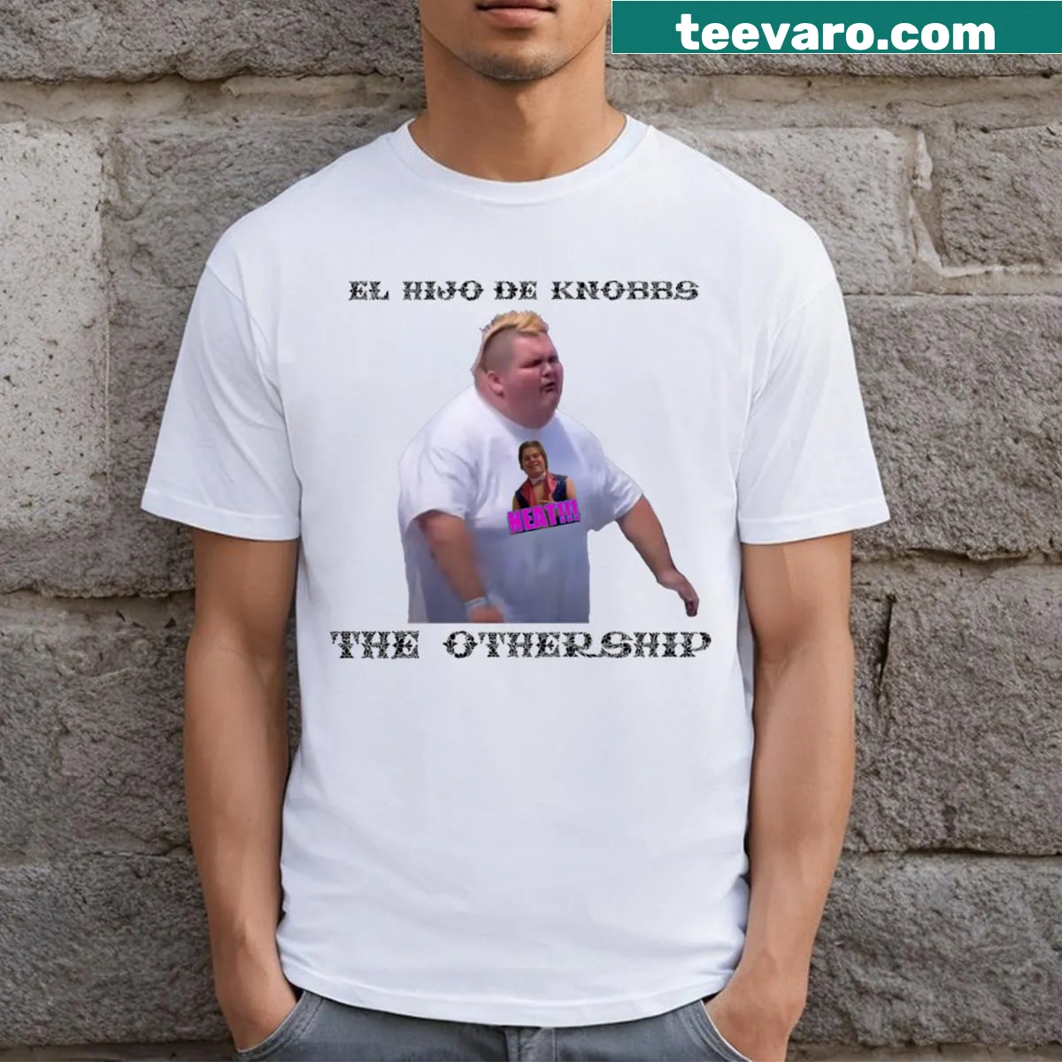 El Hijo De Knobbs wrestling-themed T-shirt — on a men's t-shirt