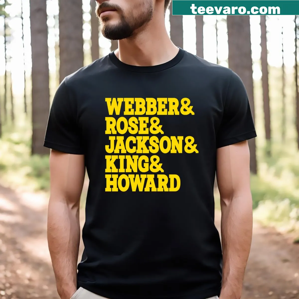 Fab Five Basketball Roster T-shirt with player names and numbers. — on a men's t-shirt