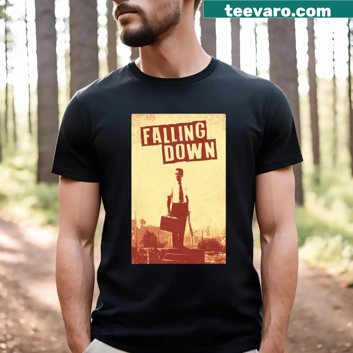 Sarcastic t-shirt with the phrase 'Falling Down' printed boldly — on a men's t-shirt