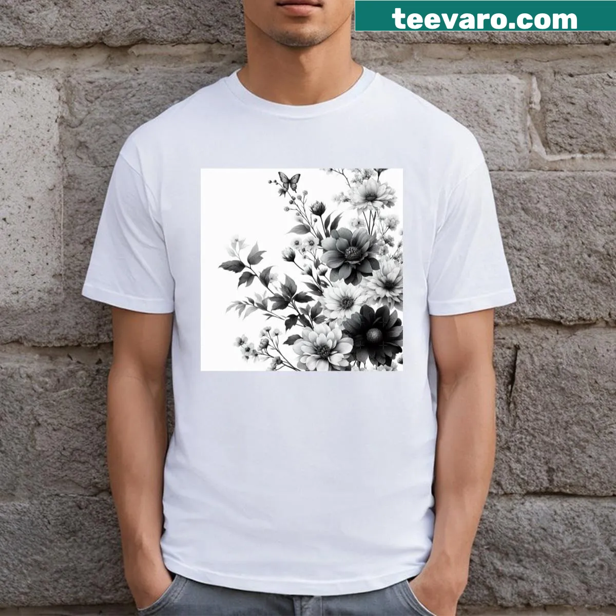 T-shirt with a delicate illustration of balanced flowers — on a men's t-shirt