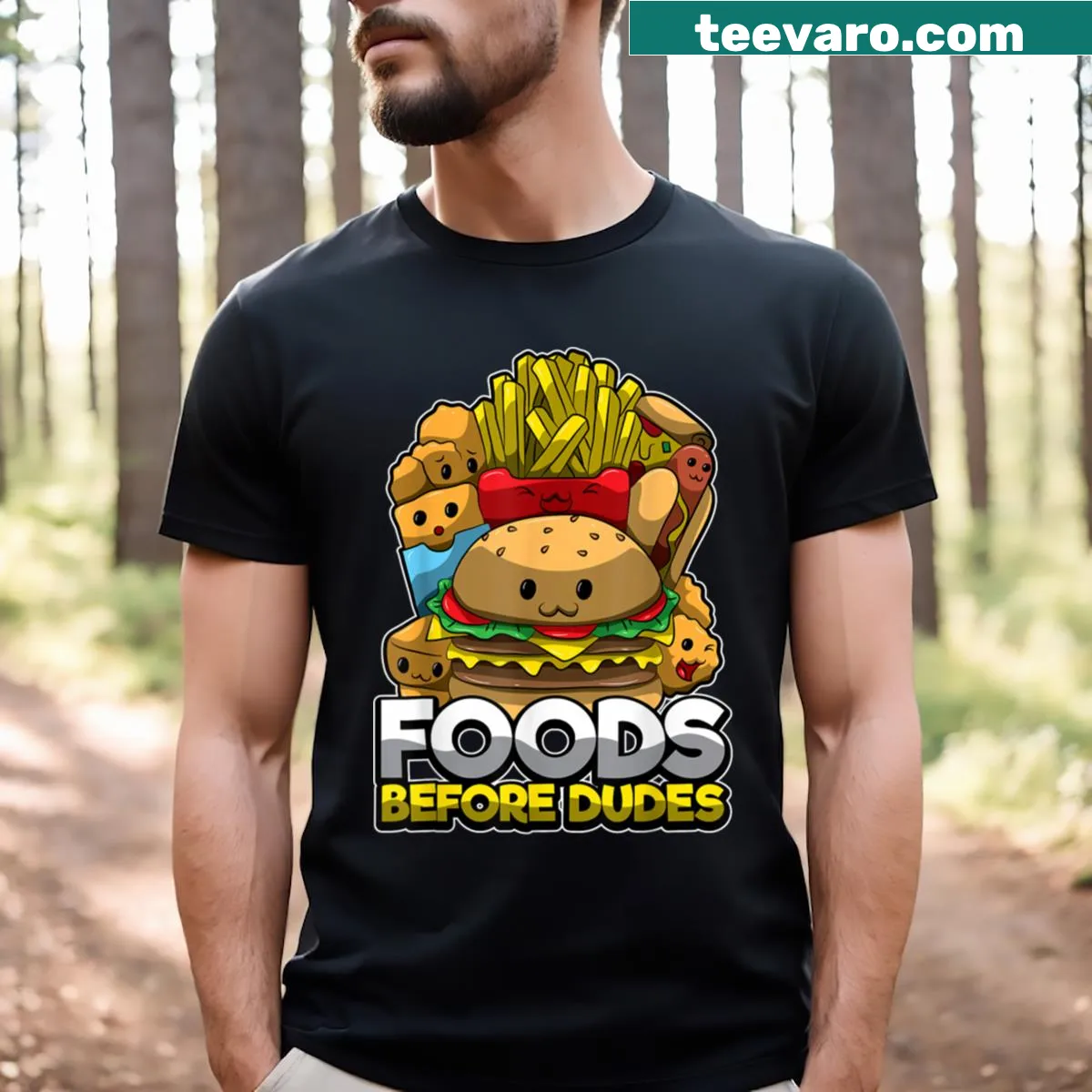 Funny t-shirt with the phrase 'Foods Before Dude' printed stylishly — on a men's t-shirt