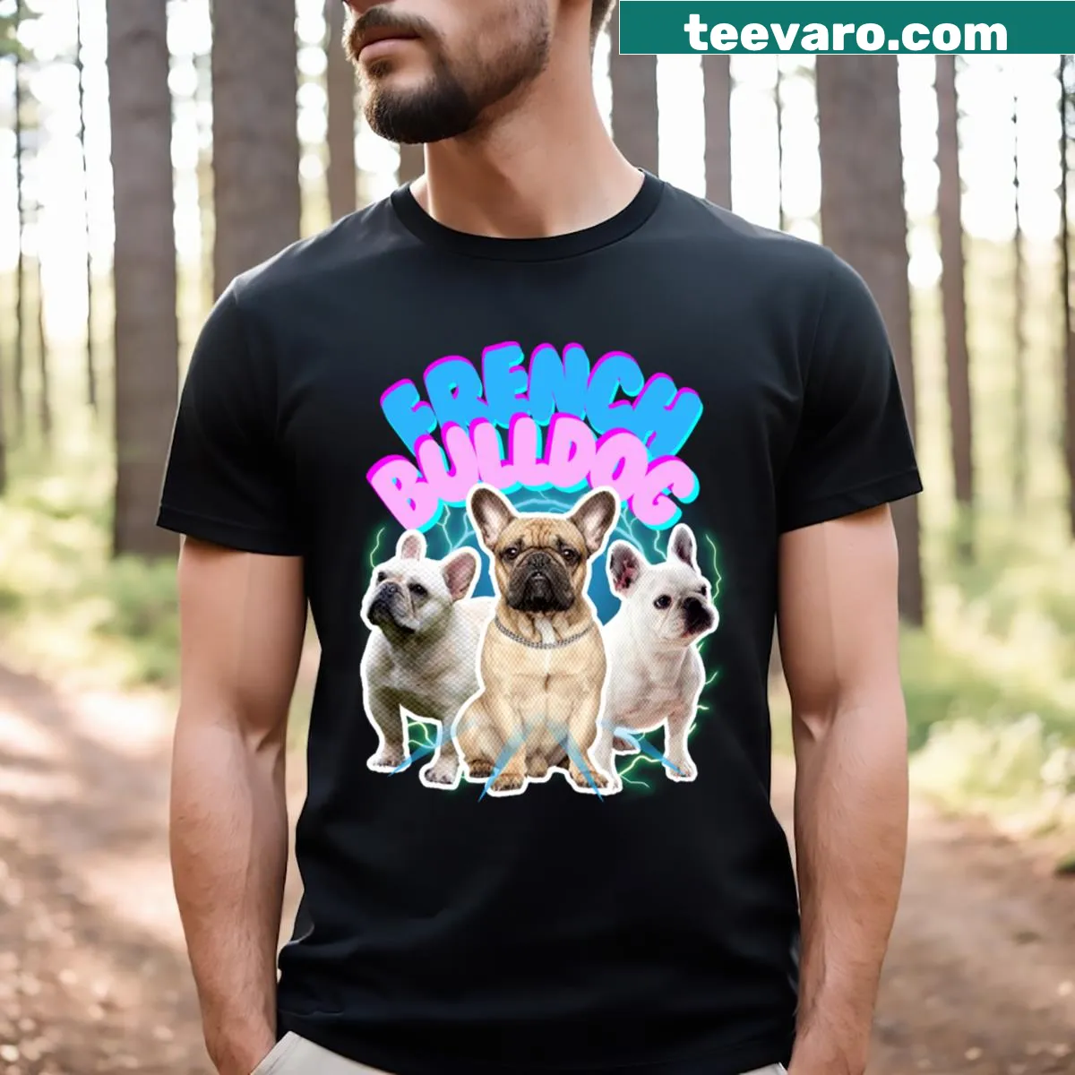 Vintage-inspired T-shirt featuring a charming illustration of a French Bulldog. — on a men's t-shirt