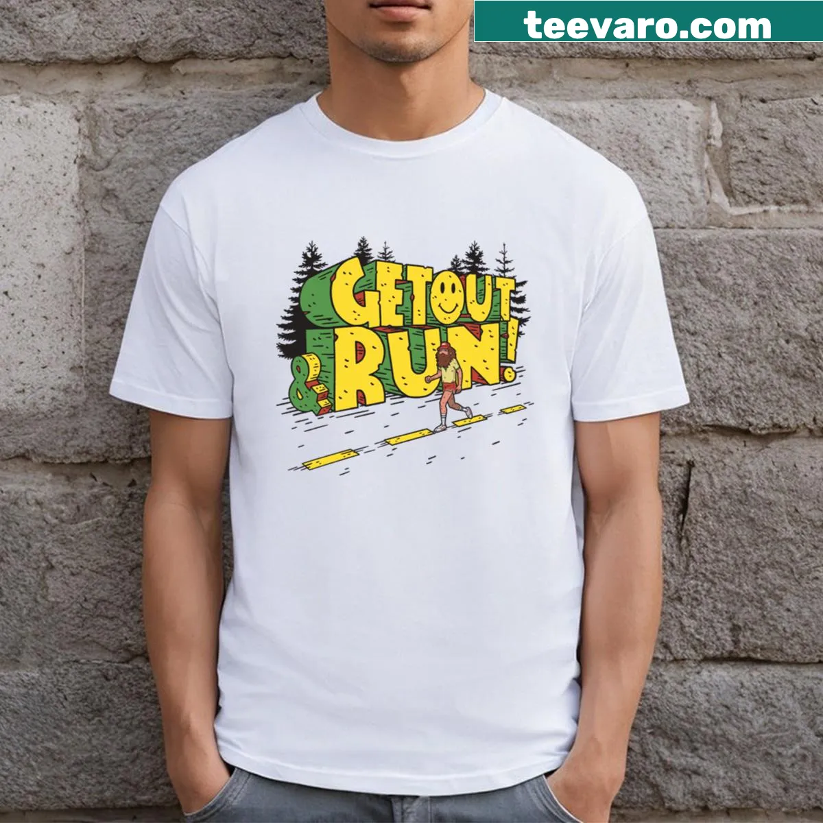 Motivational T-shirt featuring bold text encouraging running and fitness. — on a men's t-shirt
