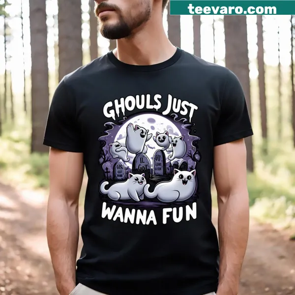Funny Halloween-themed t-shirt featuring cats in costumes with playful text