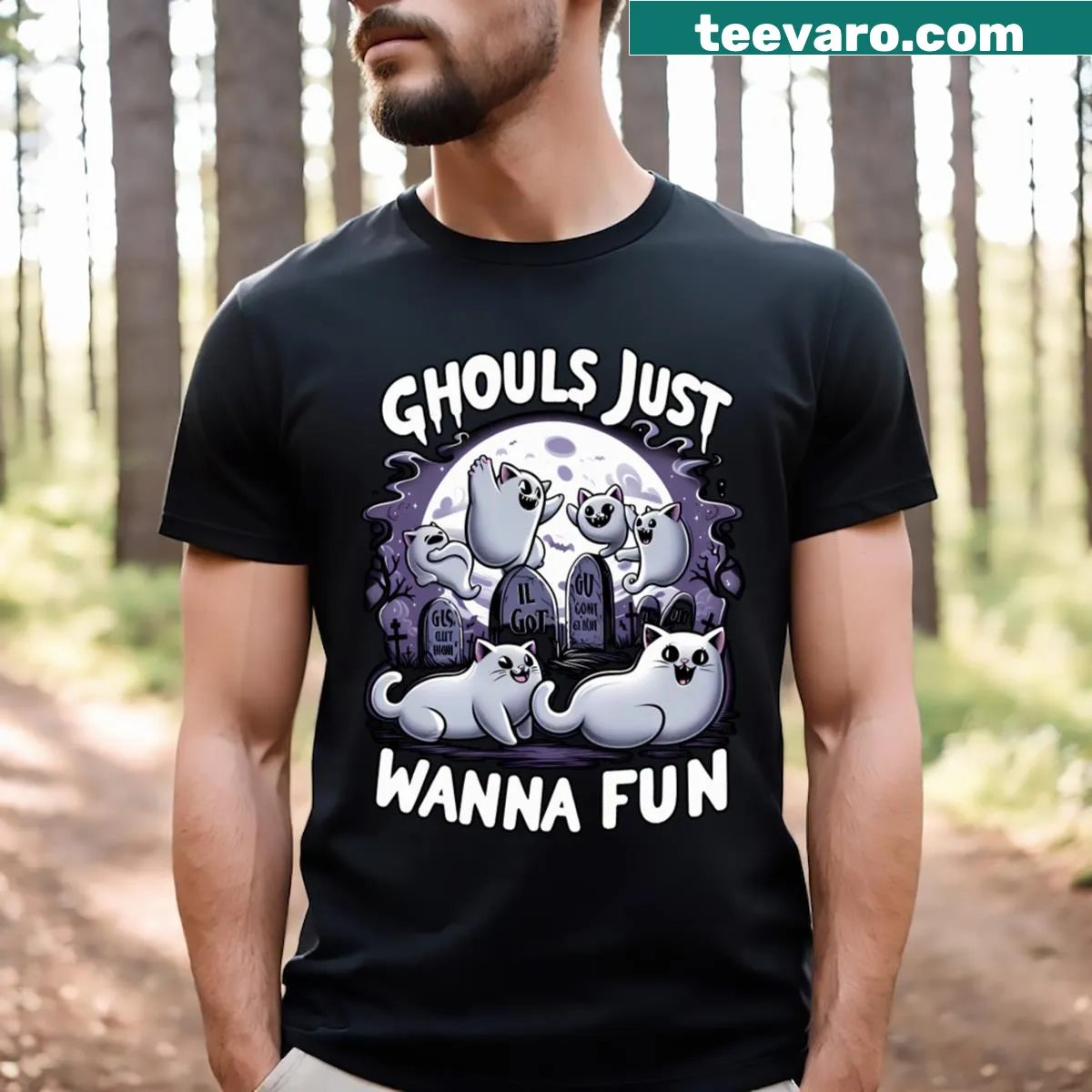 Funny Halloween-themed t-shirt featuring cats in costumes with playful text — on a men's t-shirt