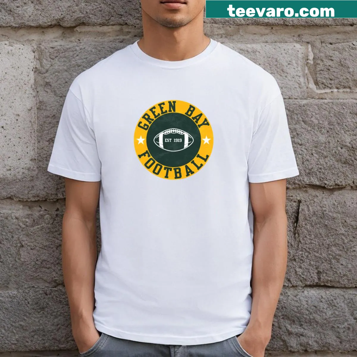 Green Bay football graphic t-shirt with bold text — on a men's t-shirt