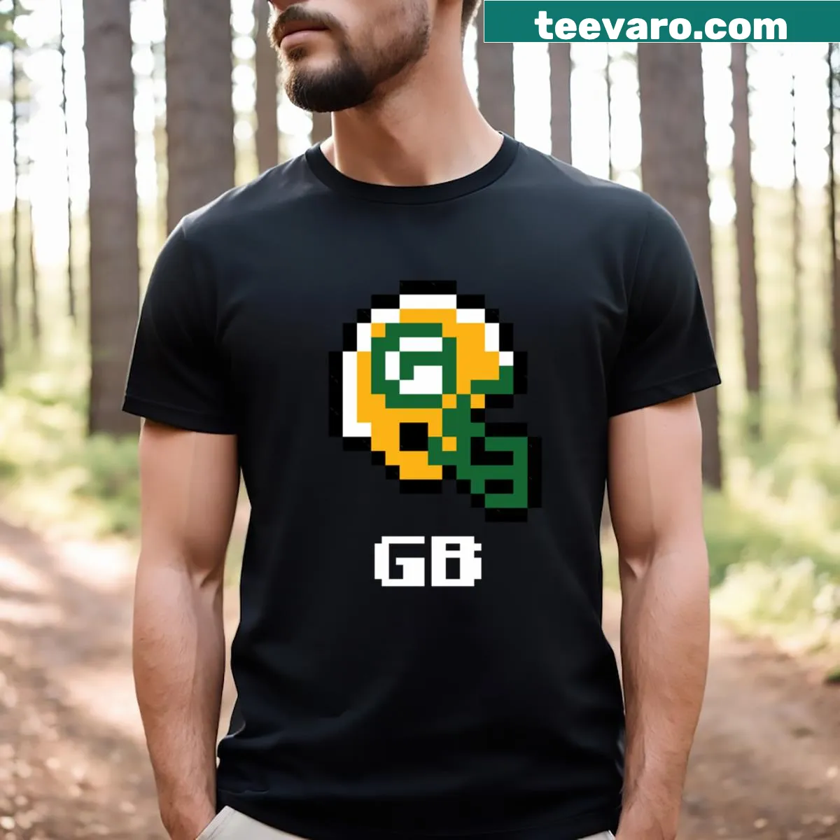 Tecmo Super Bowl t-shirt featuring Green Bay Packers helmet — on a men's t-shirt