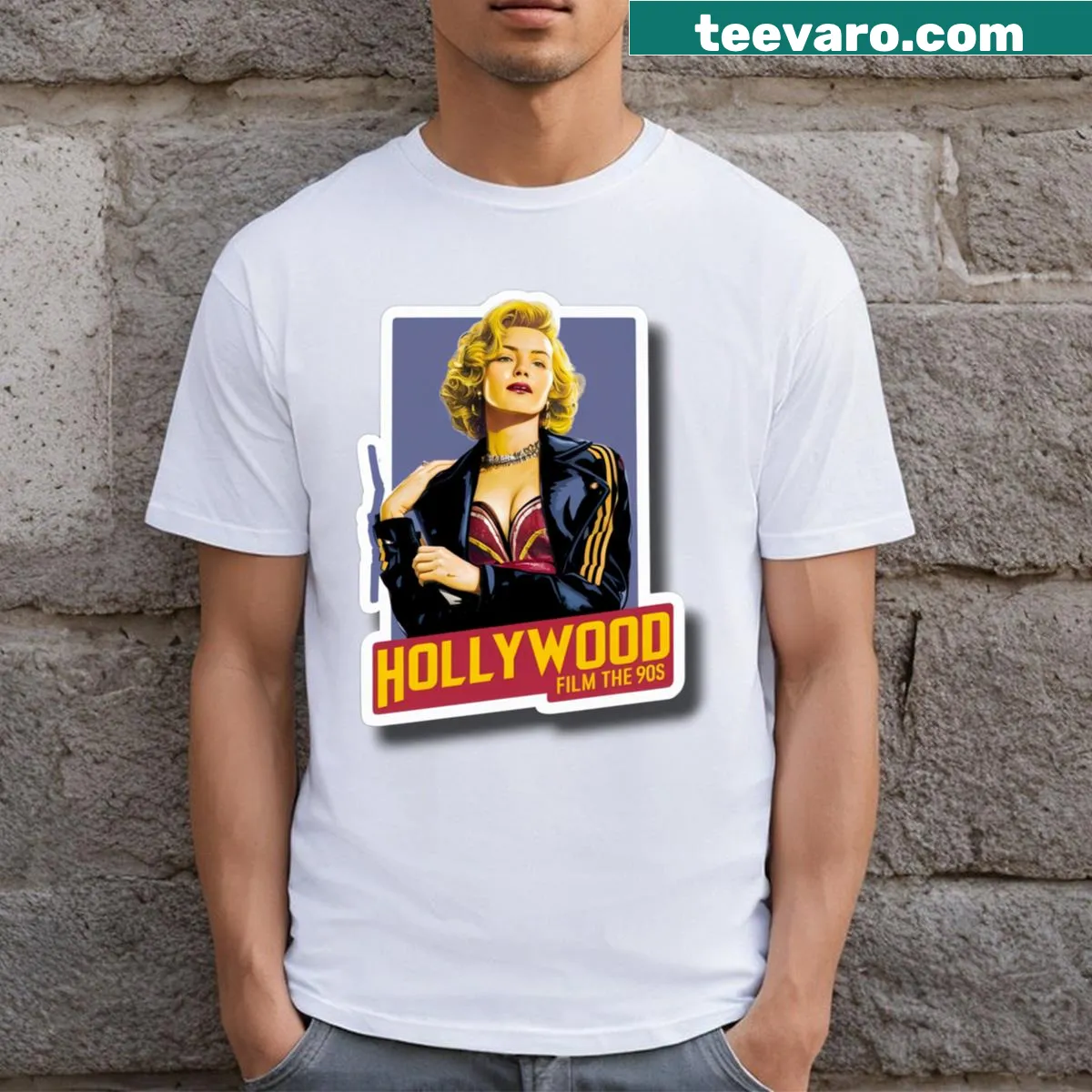 Vintage-style t-shirt featuring Hollywood-themed graphics. — on a men's t-shirt