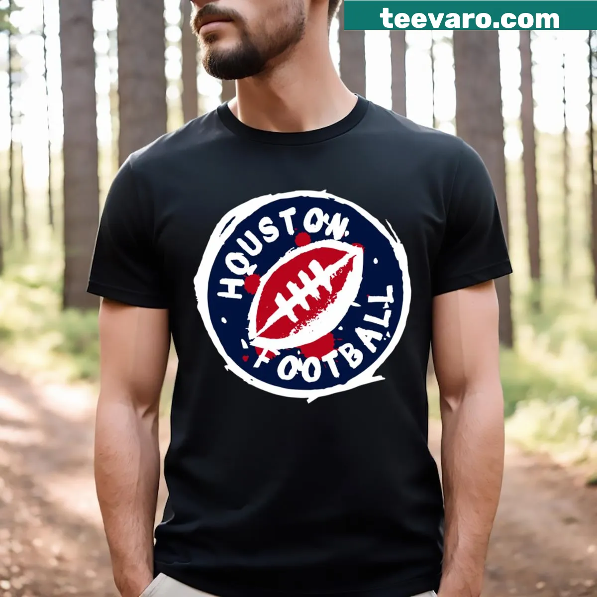 Houston Football 3 t-shirt with bold lettering — on a men's t-shirt