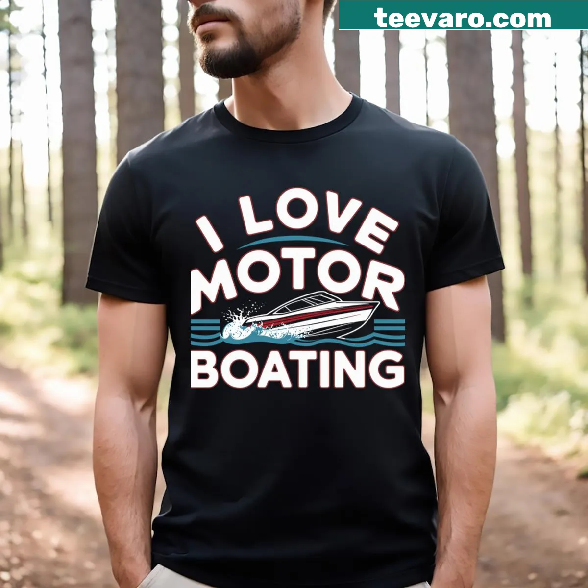 T-shirt with the phrase I Love Motor Boating in bold typography — on a men's t-shirt