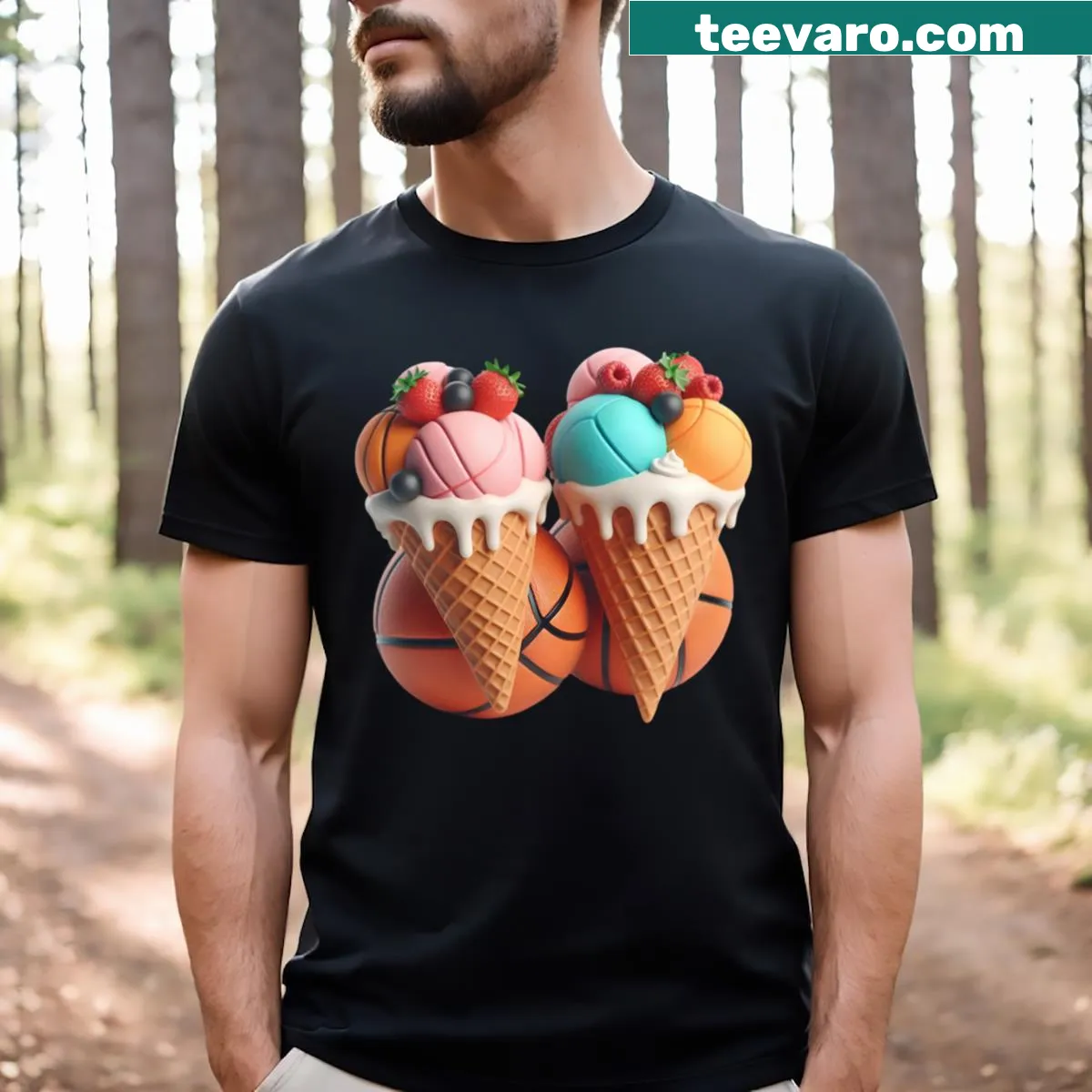 Whimsical t-shirt design combining basketball and ice cream for students — on a men's t-shirt