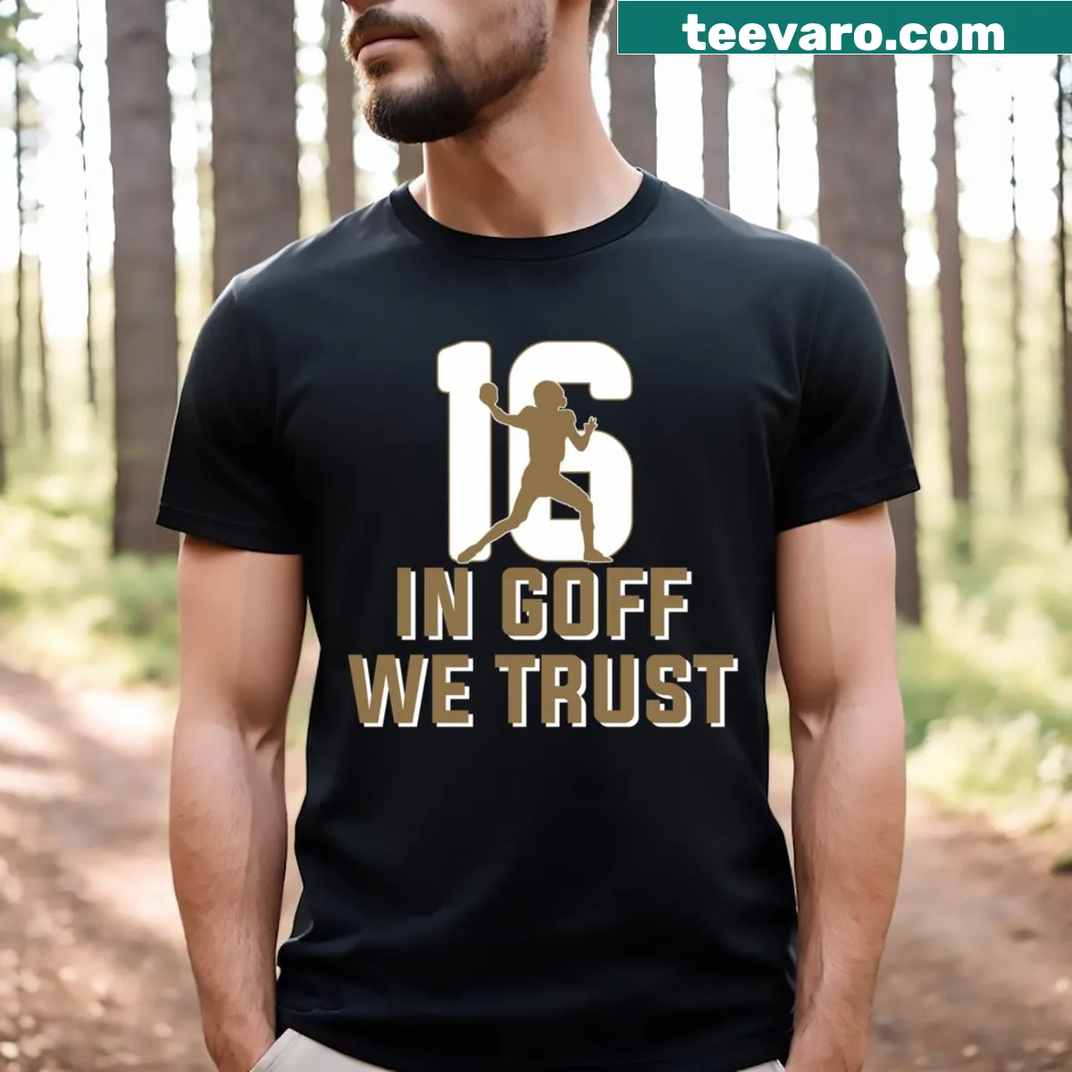 T-shirt with the phrase 'In Goff We Trust' in bold lettering — on a men's t-shirt