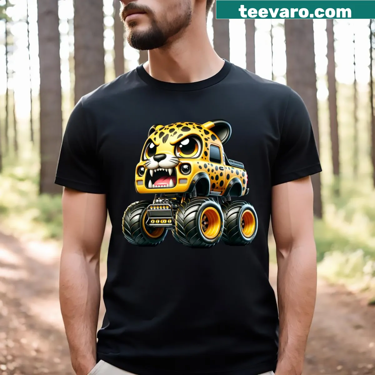 Cartoon cheetah in a monster truck on a playful kids t-shirt — on a men's t-shirt