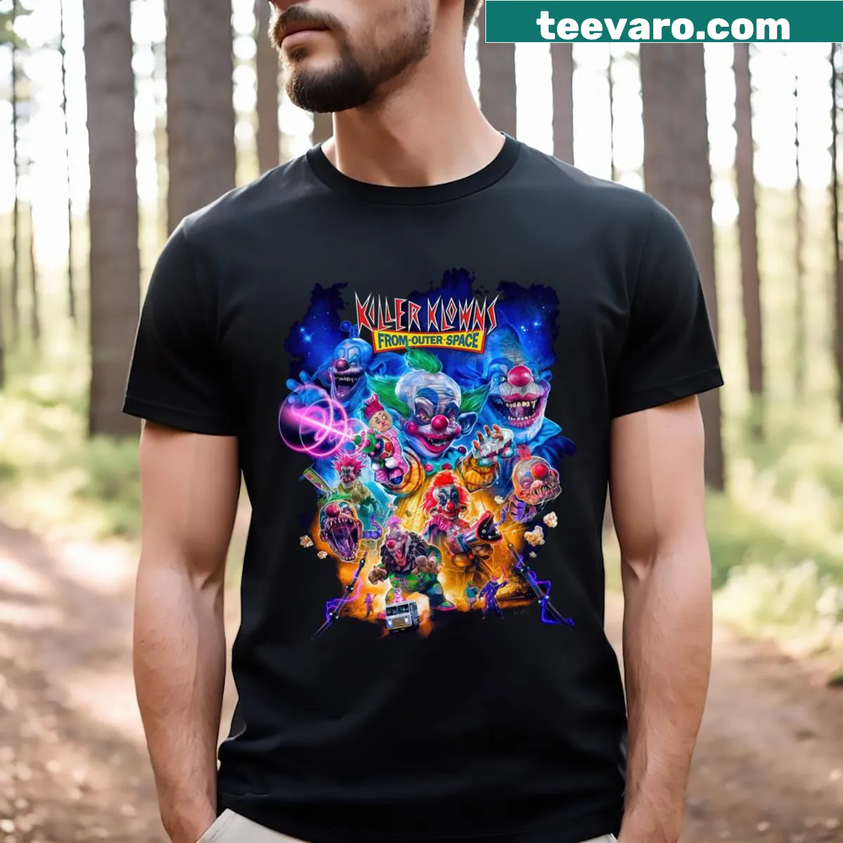 Retro-style T-shirt featuring imagery from the movie Killer Klowns from Outer Space — on a men's t-shirt
