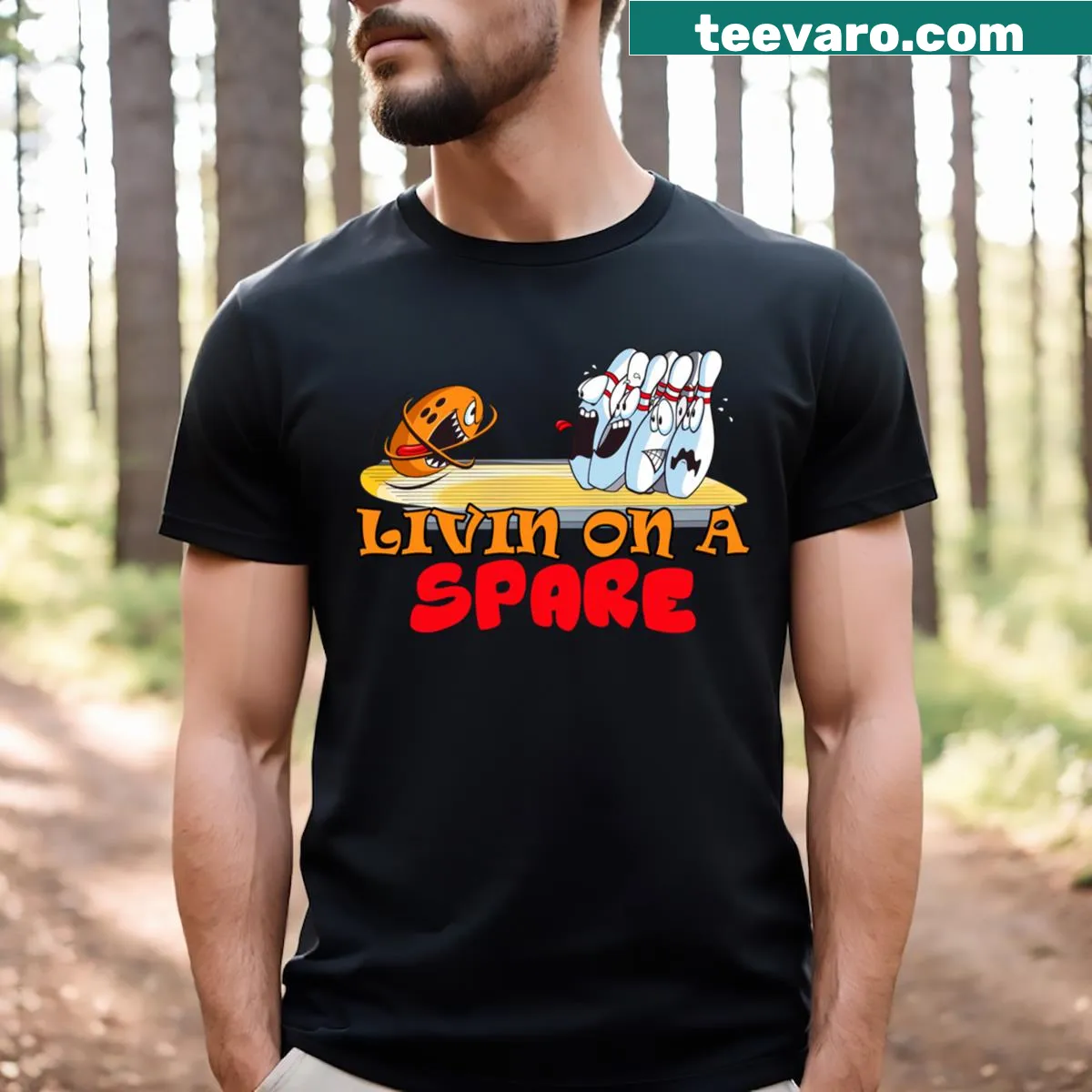 Funny bowling-themed t-shirt with the text 'Livin On A Spare' — on a men's t-shirt