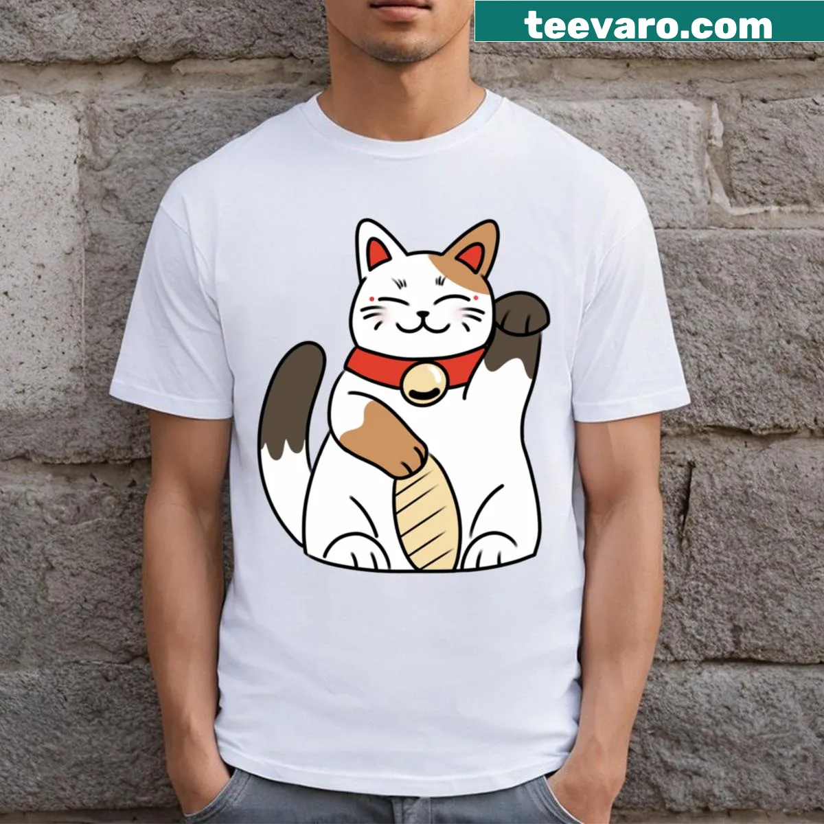 Lucky Maneki Neko cat t-shirt with raised paw illustration — on a men's t-shirt