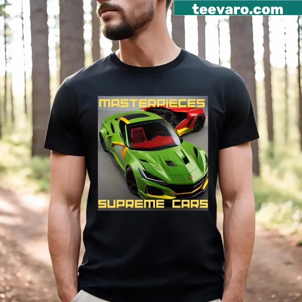 T-shirt featuring a bold graphic of luxury cars in artistic design