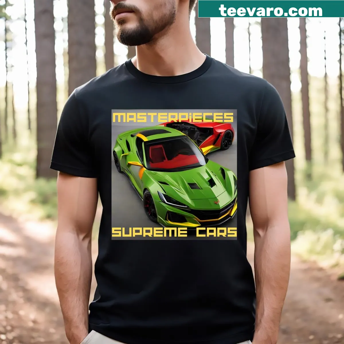 T-shirt featuring a bold graphic of luxury cars in artistic design — on a men's t-shirt