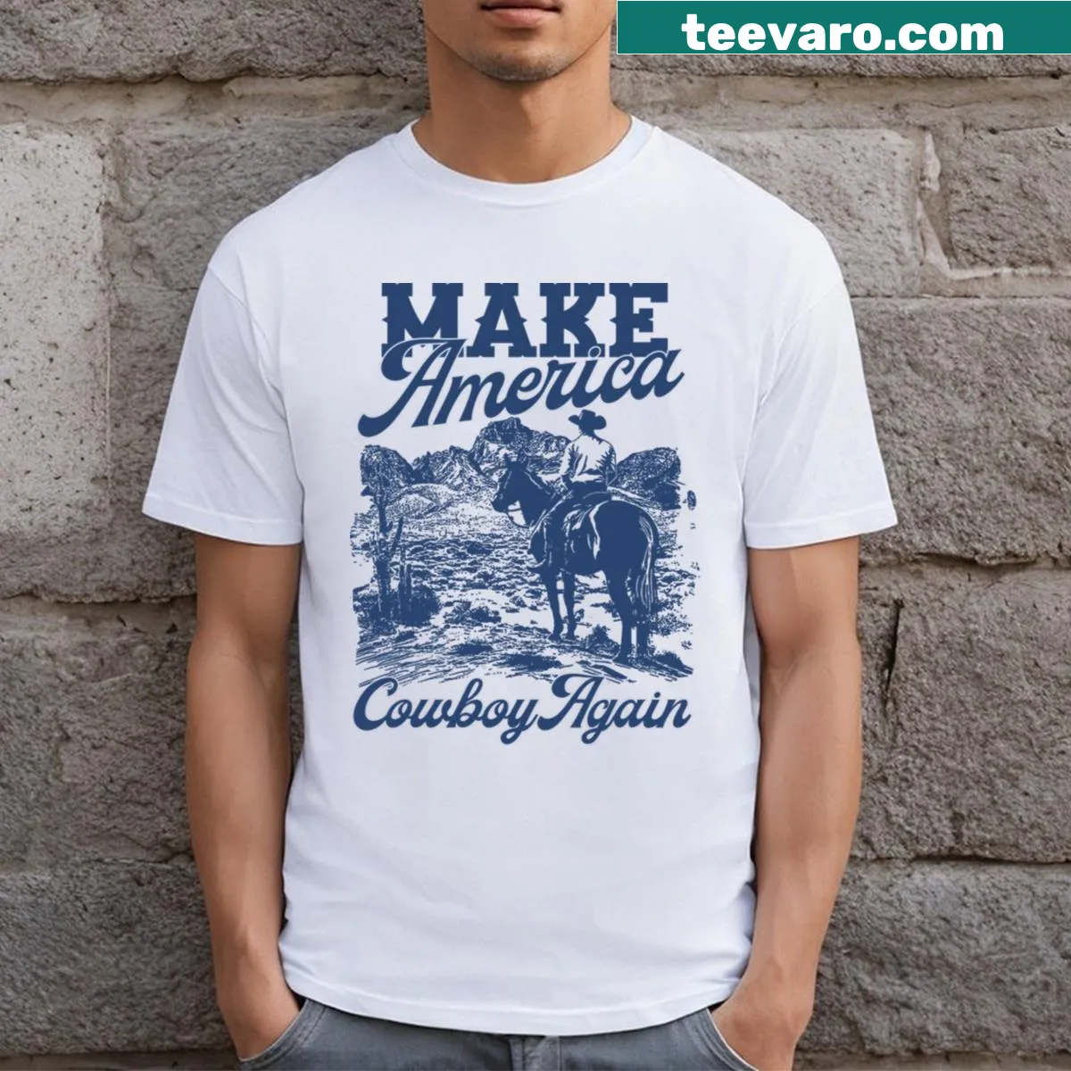 Vintage-style cowboy themed 'Make America Cowboy Again' T-shirt — on a men's t-shirt